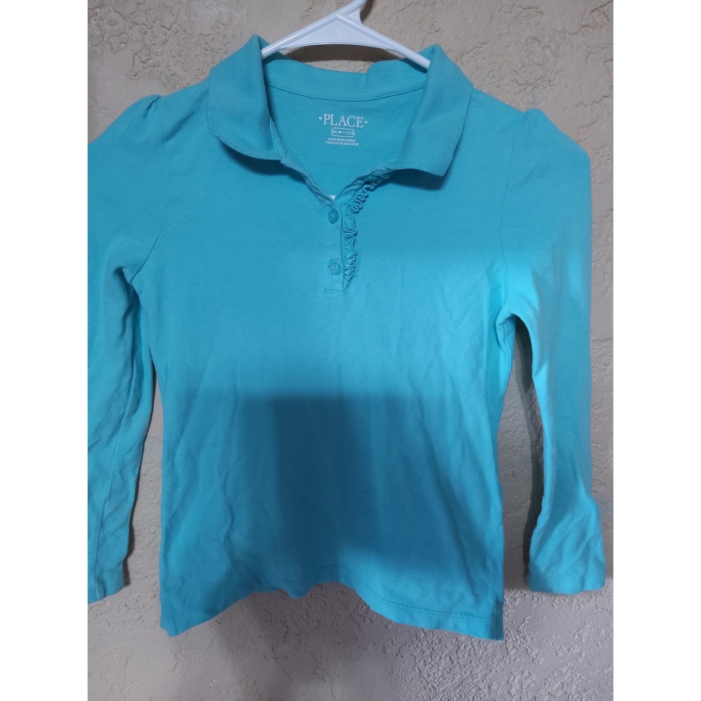 Childrens Place Girls Turquoise Blue Ruffle Long Sleeve Polo Shirt Size M 7/8